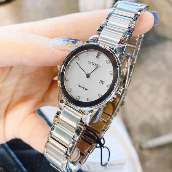 CITIZEN GA1050-51B AXIOM ECODRIVE WHITE DIAMOND DIAL SILVER STEEL WOMENS WATCH